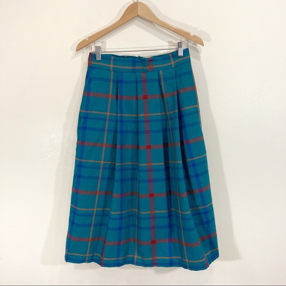 Vintage 80s Louben 100% Wool Plaid Teal Pleated Skirt Sz 4-6